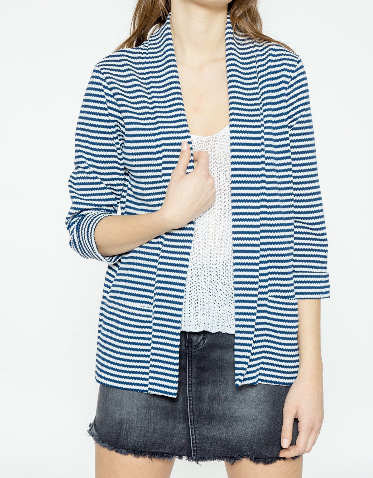 شانا جاكيت مخطط بالعرض 3/4 بأكمام طويلة نسائي أزرق داكن