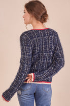 دريسنج بولا بلوزة منقوشة خيوط بأزرار وجيوب أمامية بأكمام طويلة أزرق