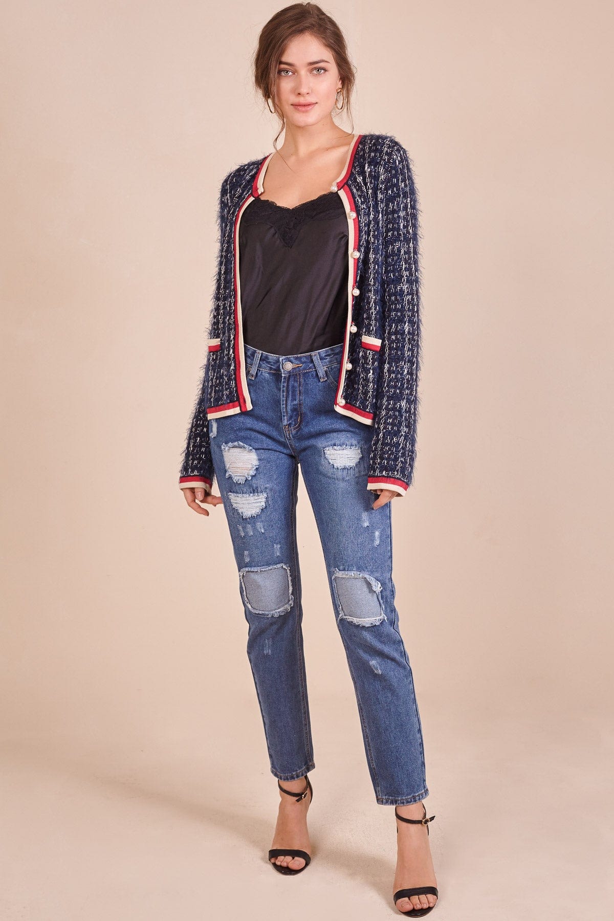 دريسنج بولا بلوزة منقوشة خيوط بأزرار وجيوب أمامية بأكمام طويلة أزرق