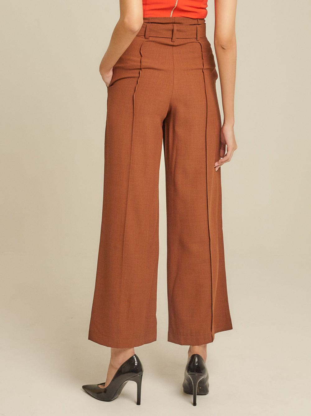 دريسنج بولا بنطلون طويل سادة وايد ليج خصر مرتفع بحزام على الخصر بني