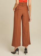 دريسنج بولا بنطلون طويل سادة وايد ليج خصر مرتفع بحزام على الخصر بني