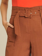 دريسنج بولا بنطلون طويل سادة وايد ليج خصر مرتفع بحزام على الخصر بني