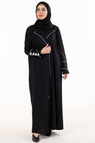جوهرة عباية مفتوحة كتان كلاسيك لف بياقة وكم طويل أسود