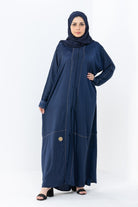 جوهرة عباية حرير مغسول سادة بخطين أماميين كم طويل أزرق غامق