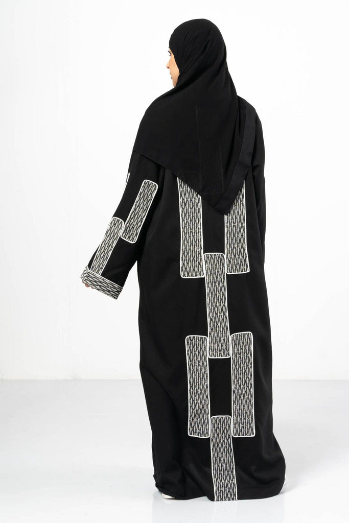 جوهرة عباية كتان مع قماش قطان واسعة مطرزة كم طويل أسود