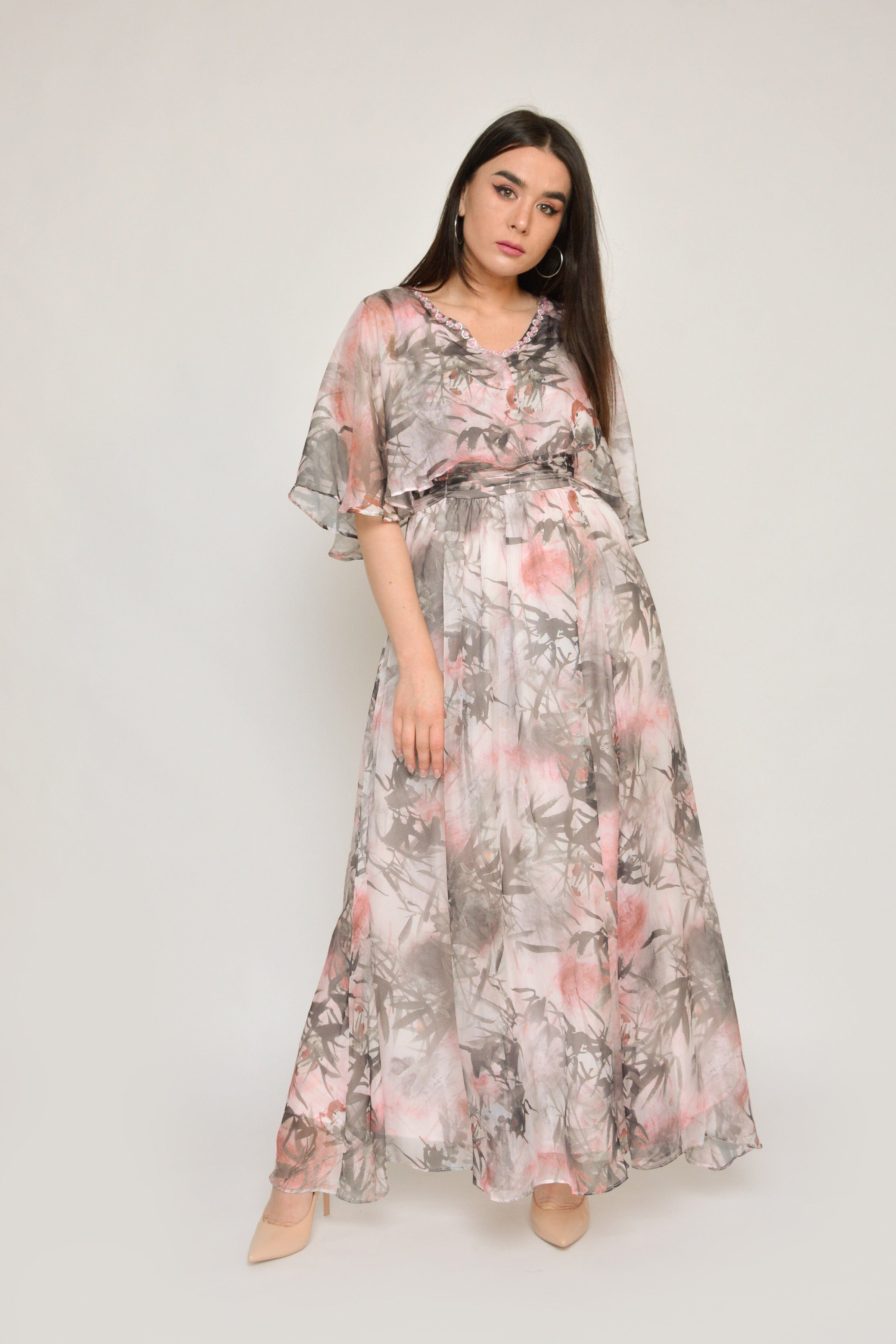 نتشي فستان طويل شيفون مطبوع مخصر كم قصير وردي