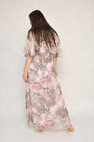 نتشي فستان طويل شيفون مطبوع مخصر كم قصير وردي