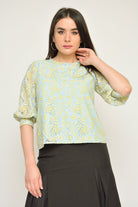 نتشي بلوزة دانتيل 3/4 كم منفوخ بأساور نسائي