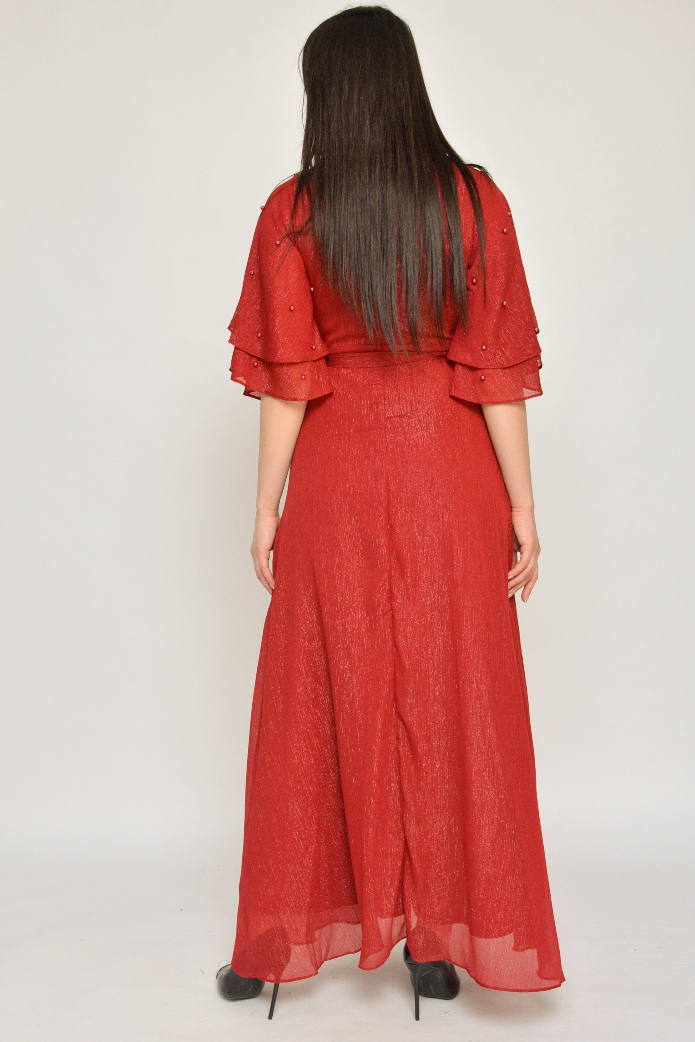 نتشي فستان سهره بحزام فتحة صدر سبعة كم قصير