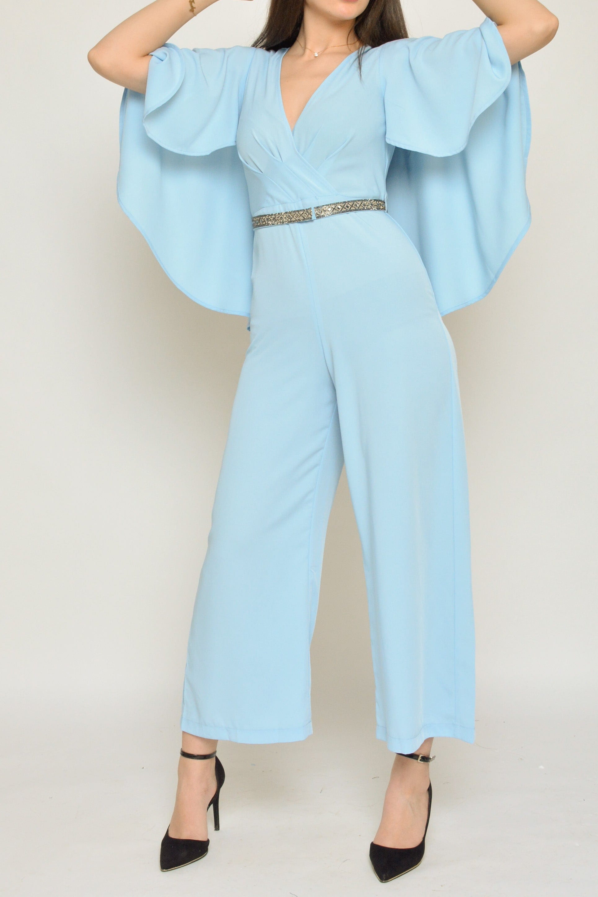 نتشي جمبسوت نسائي بأكمام فراشة بحزام علي الخصر