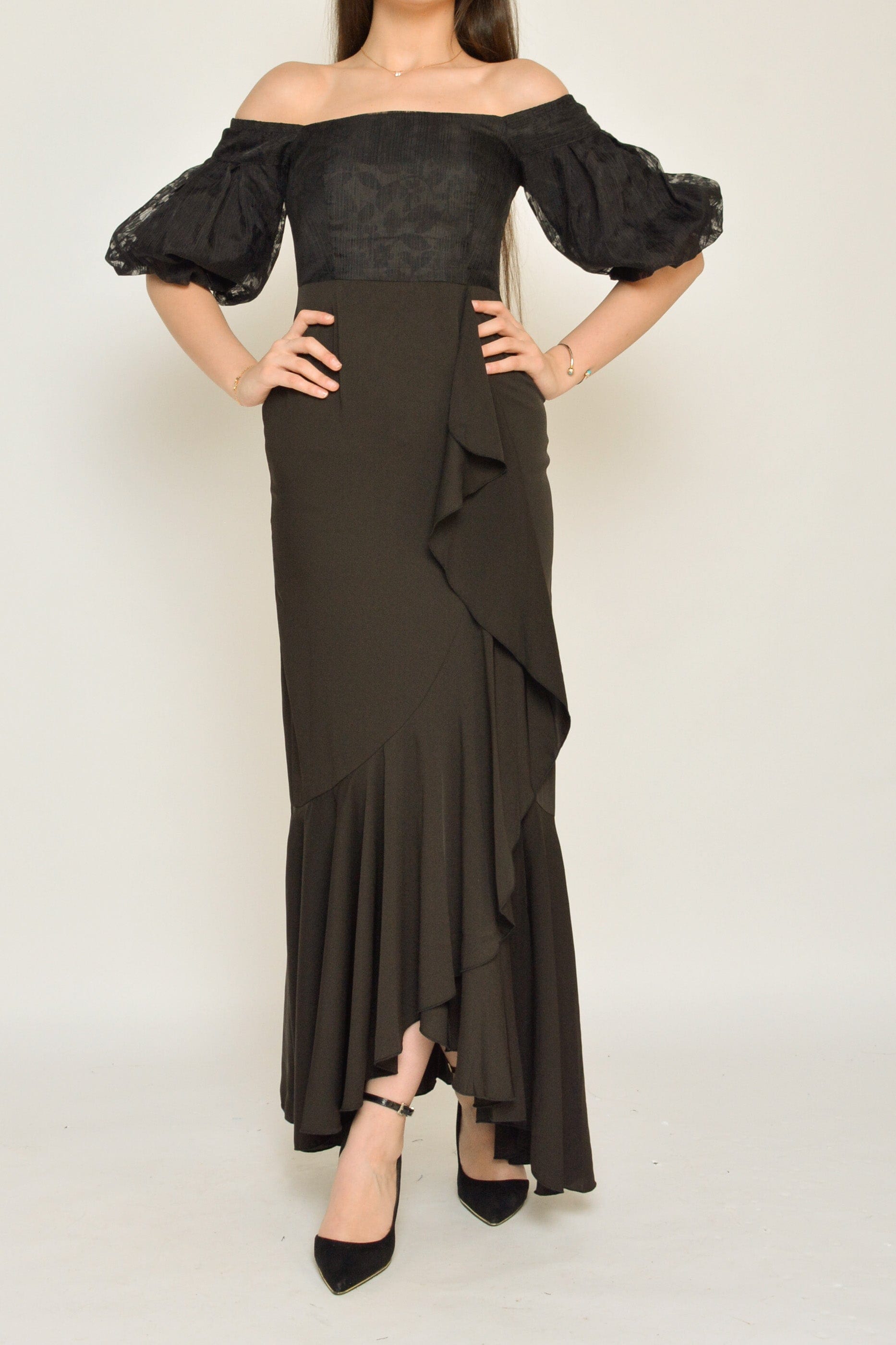 نتشي فستان ماكسي سهرة سادة اوف شولدر 3/4 كم أسود