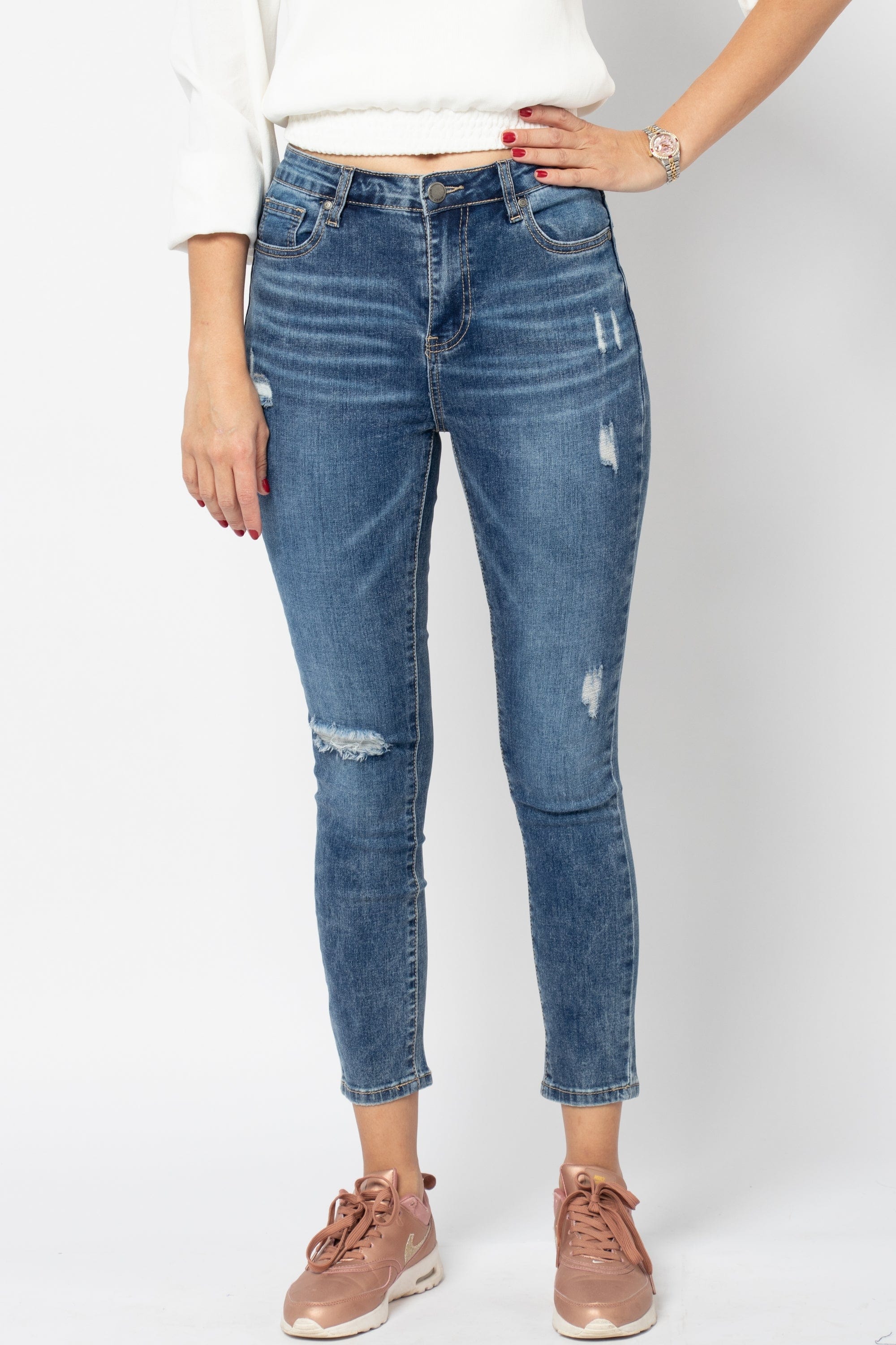 نتشي بنطلون جينز مقطع بسحاب وزرار وجيوب سكيني طويل نسائي