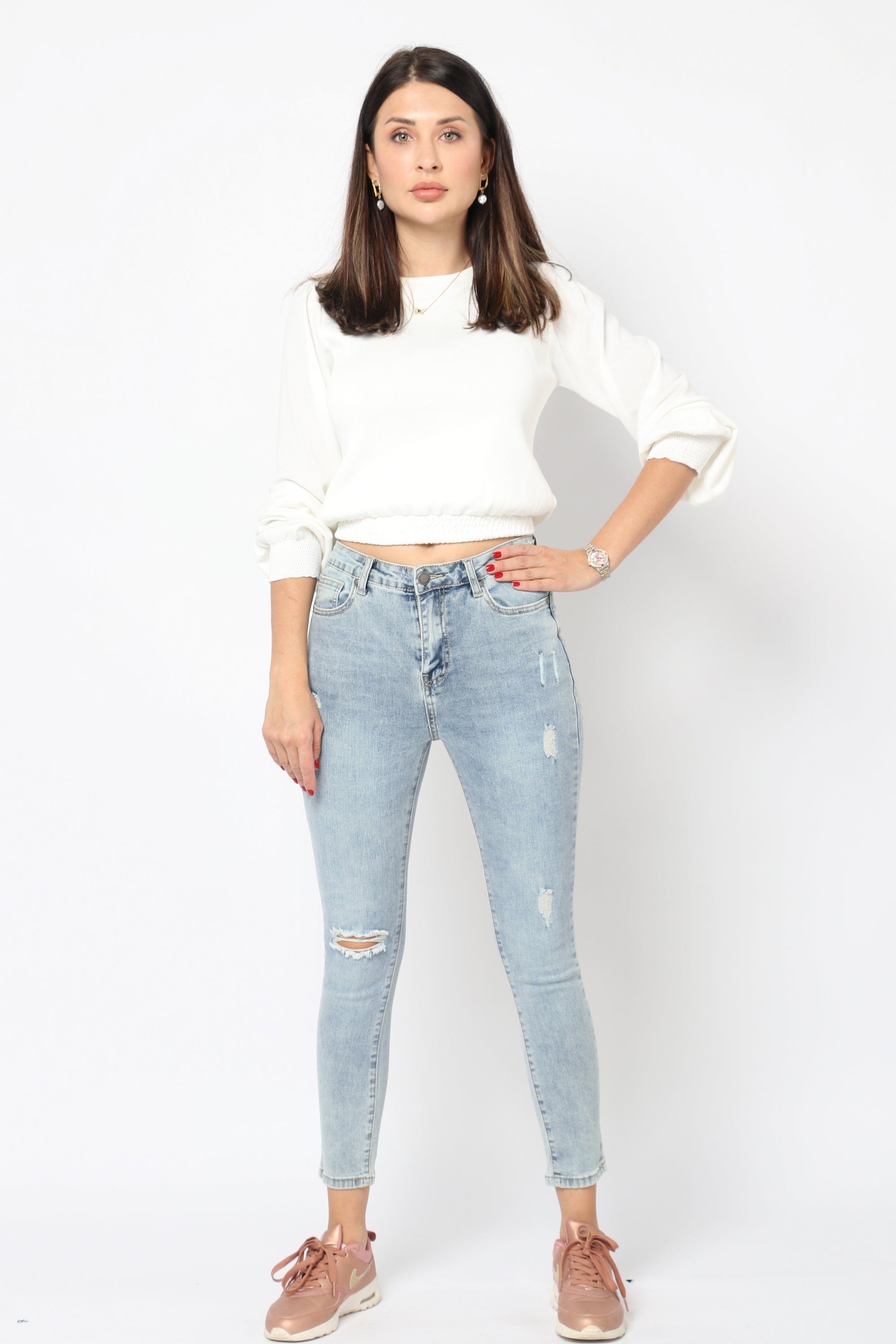 نتشي بنطلون جينز مقطع بسحاب وزرار وجيوب سكيني طويل نسائي