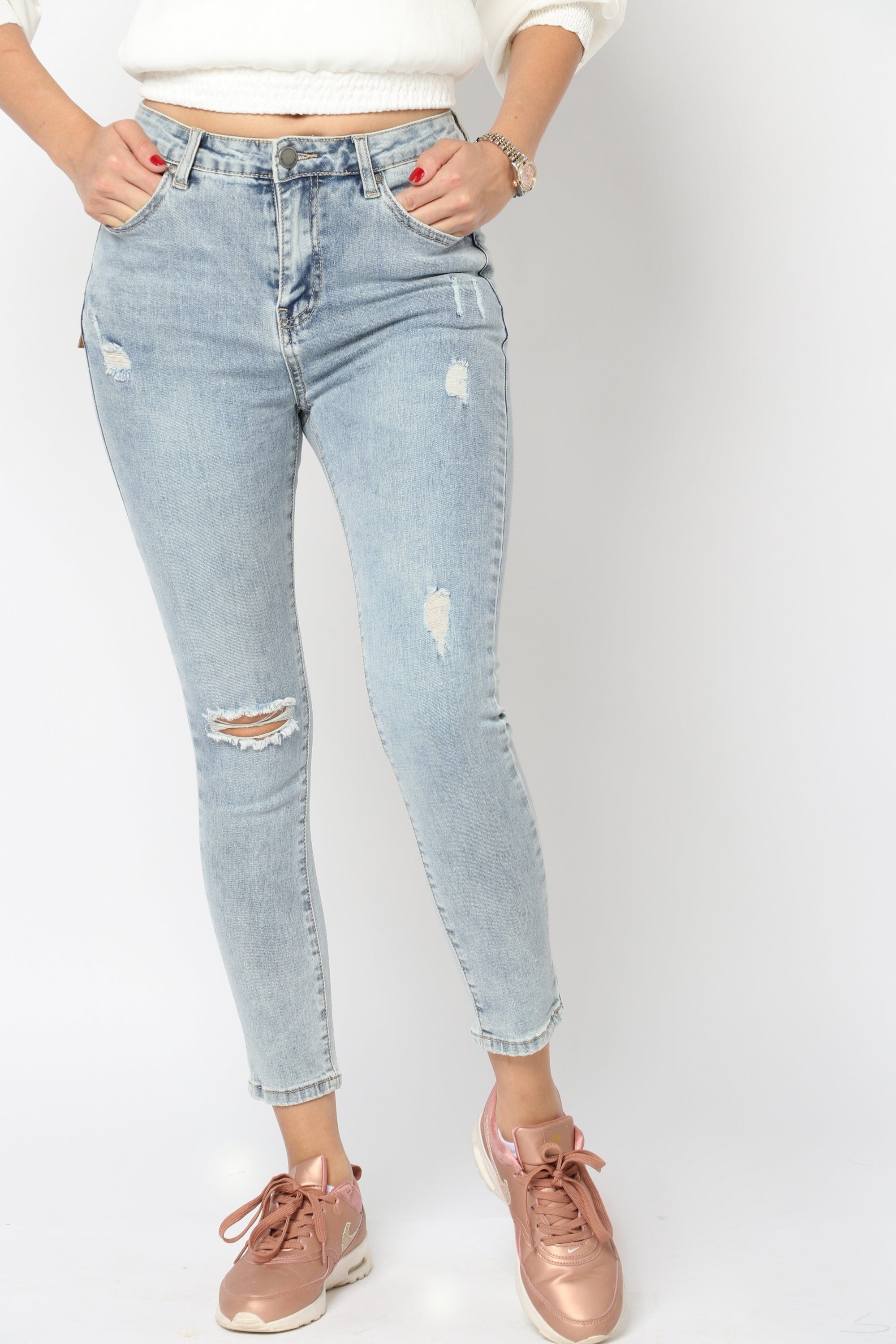 نتشي بنطلون جينز مقطع بسحاب وزرار وجيوب سكيني طويل نسائي