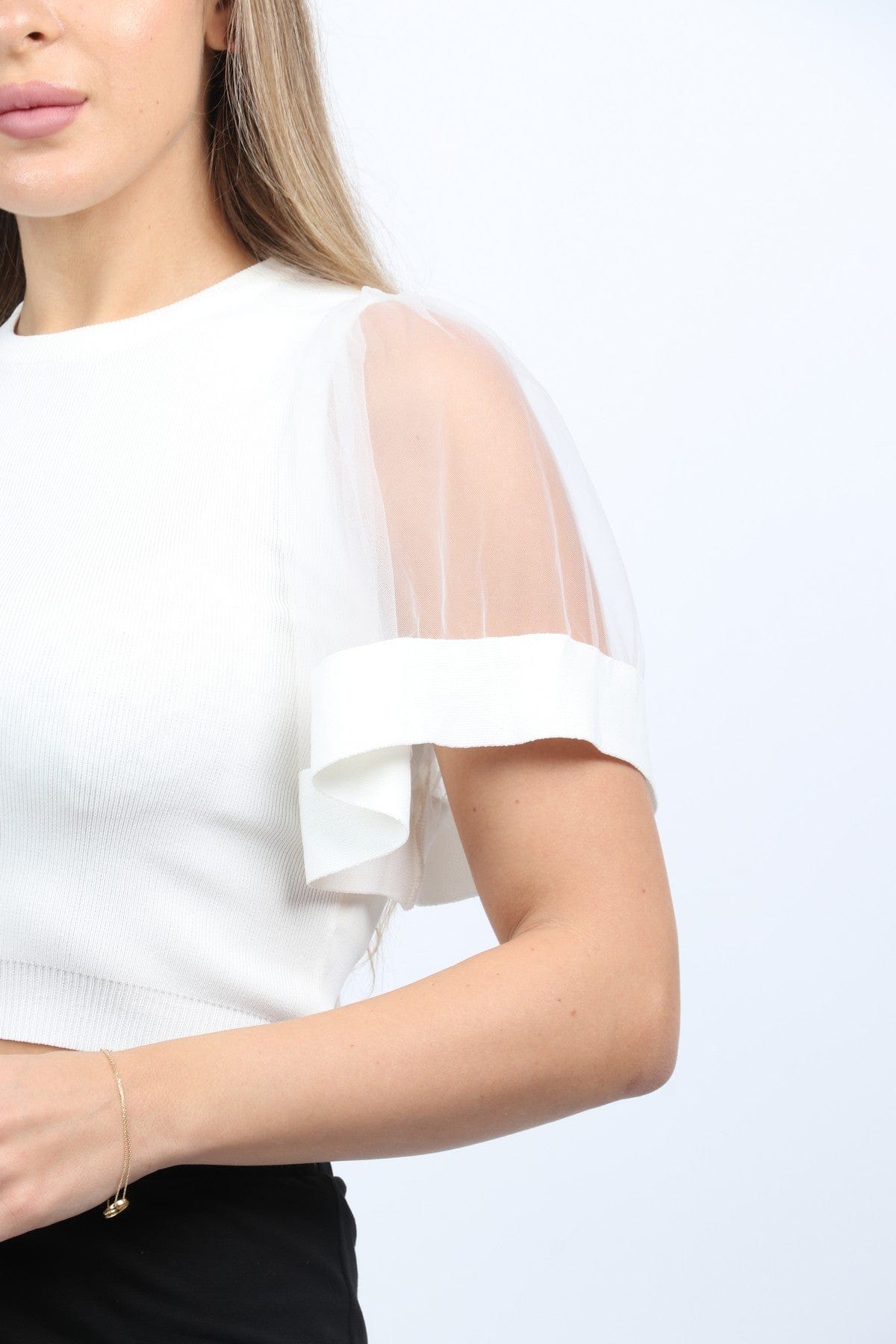 نتشي بلوزة نص بطن سادة بأكمام شيفون شفافة واسعة نسائي