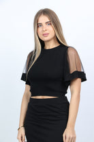 نتشي بلوزة نص بطن سادة بأكمام شيفون شفافة واسعة نسائي