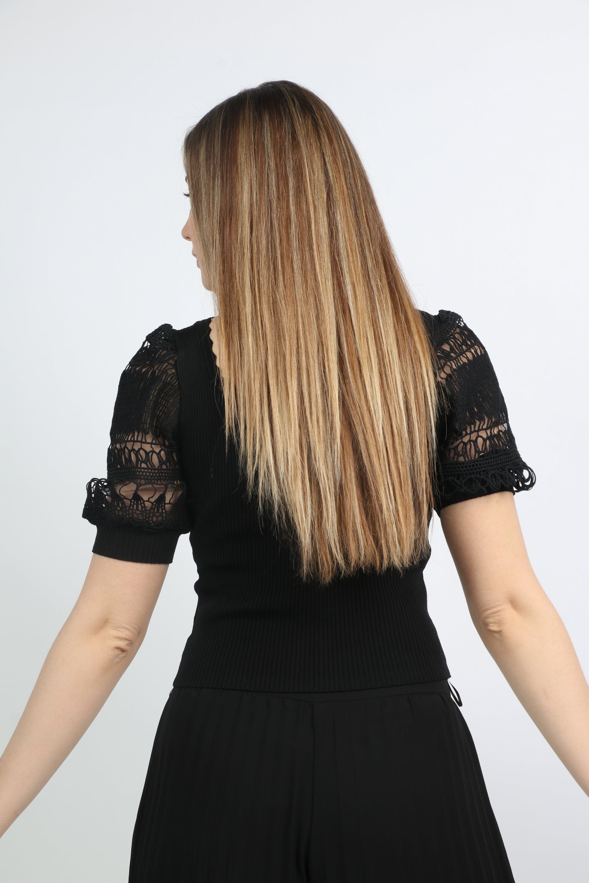 نتشي بلوزة سادة بأكمام دانتيل ياقة مربعة نسائي