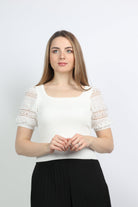 نتشي بلوزة سادة بأكمام دانتيل ياقة مربعة نسائي