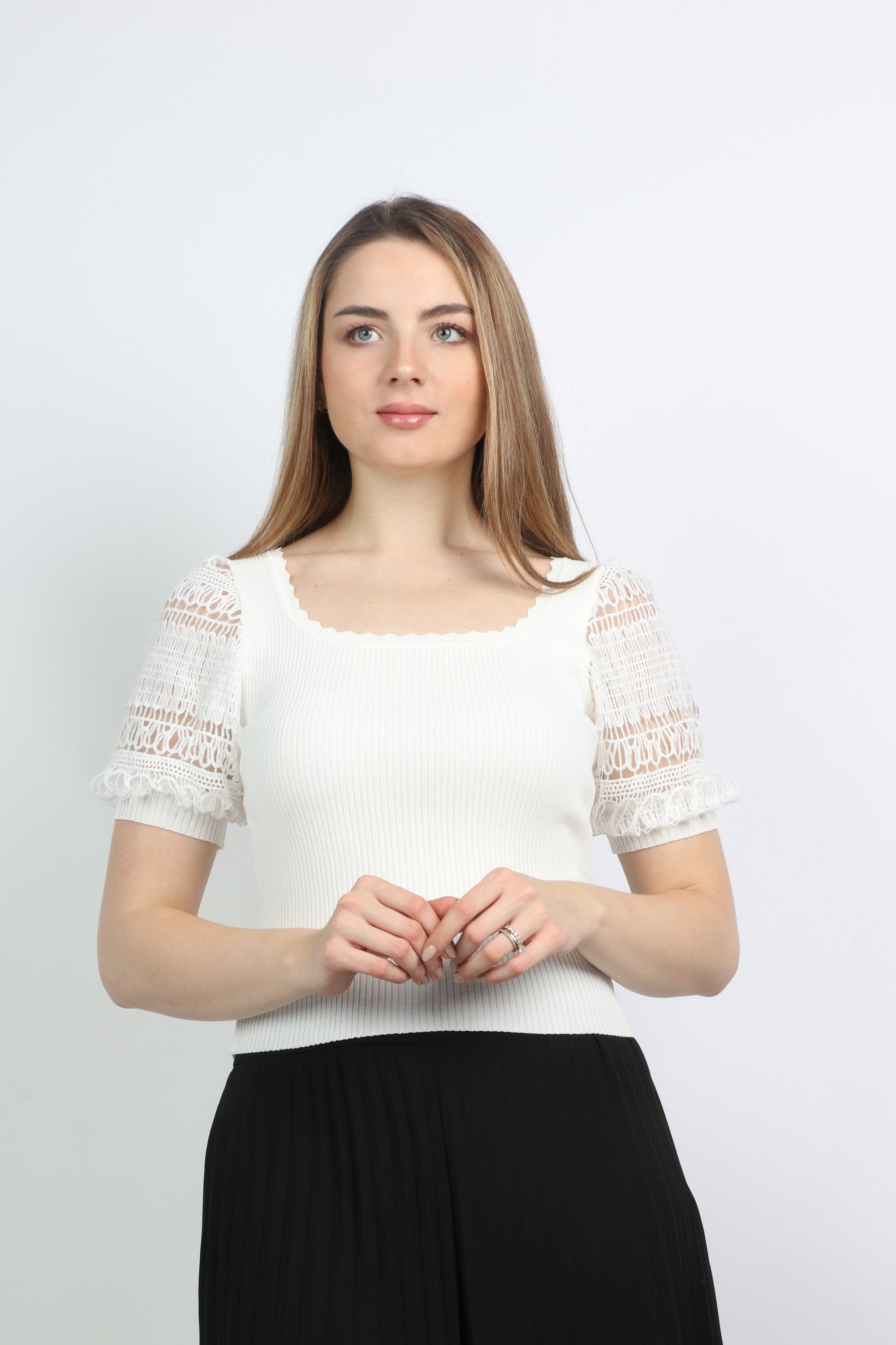 نتشي بلوزة سادة بأكمام دانتيل ياقة مربعة نسائي