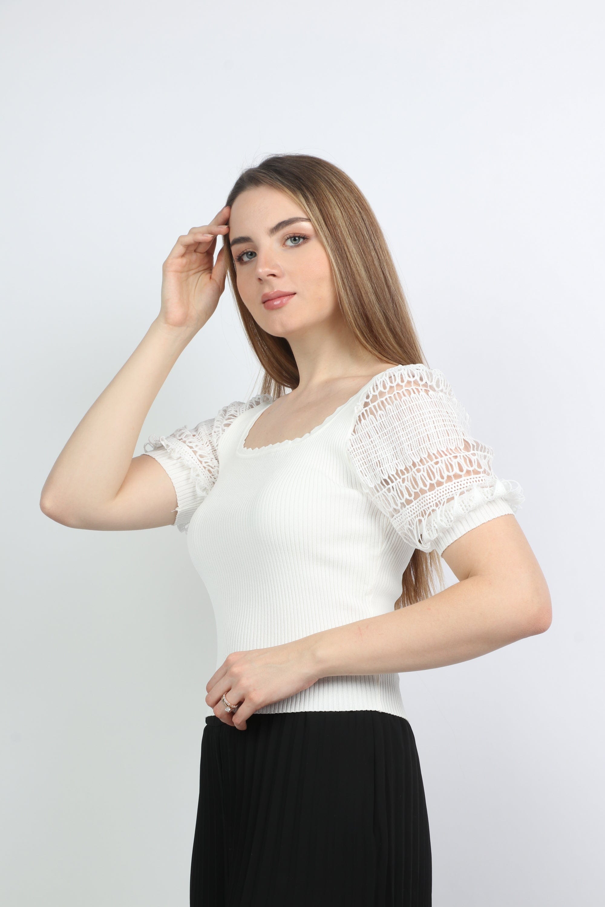 نتشي بلوزة سادة بأكمام دانتيل ياقة مربعة نسائي