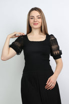 نتشي بلوزة سادة بأكمام دانتيل ياقة مربعة نسائي