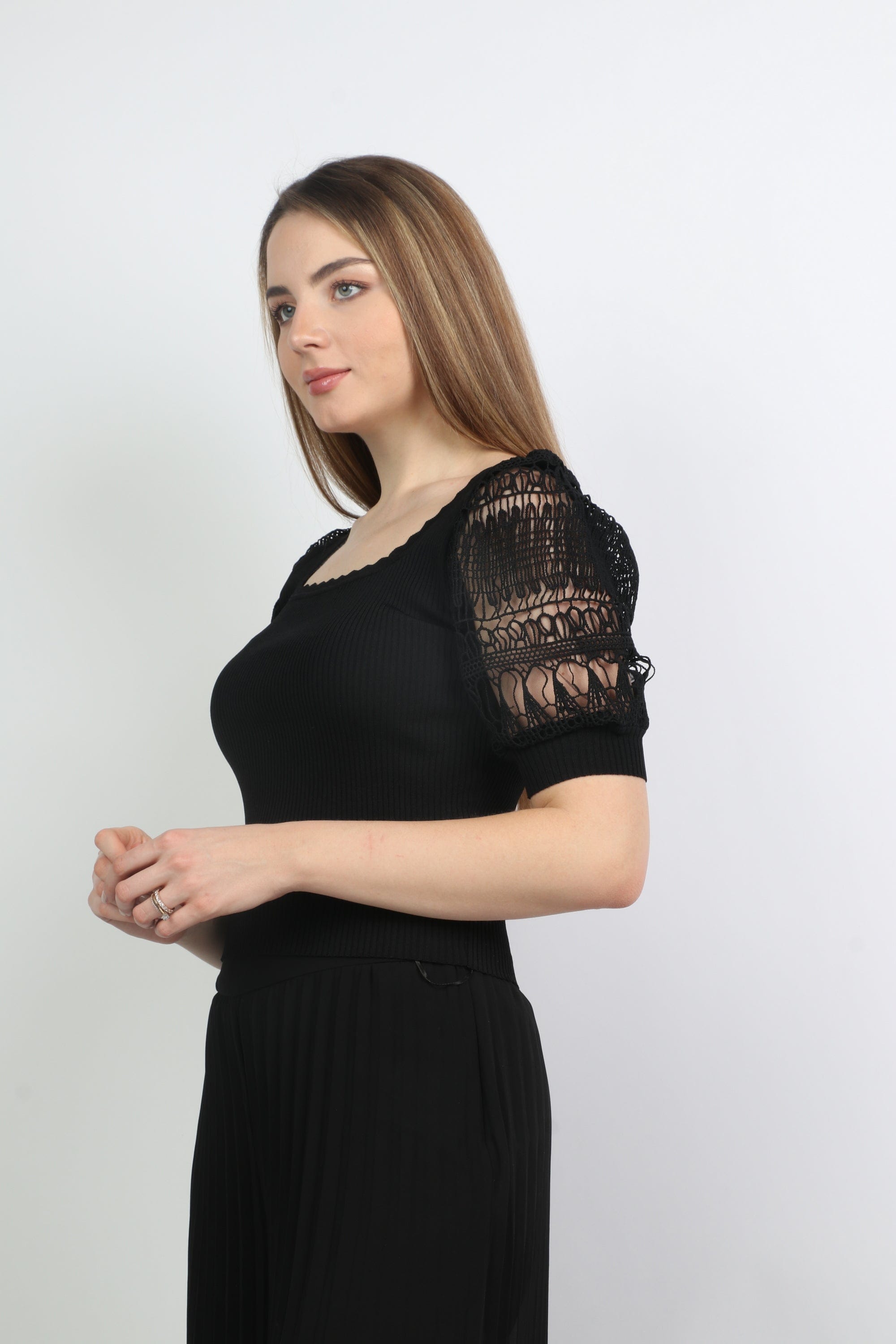 نتشي بلوزة سادة بأكمام دانتيل ياقة مربعة نسائي