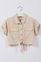 جينجرسنابس بلوزة بناتي نص بطن بجيوب أمامية كم قصير بناتي كاكي فاتح