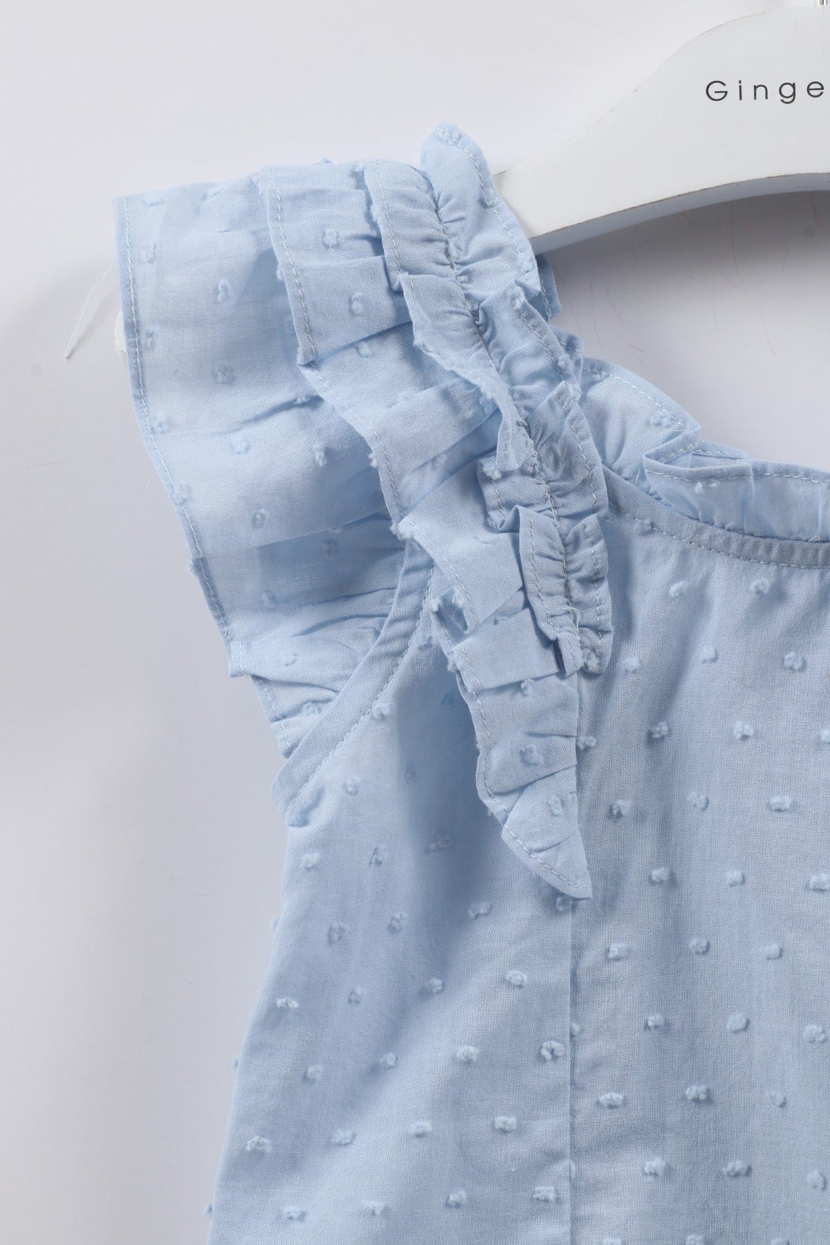 جينجرسنابس بلوزة بناتي سادة مطرز بالخيط كم قصير مكشكش أزرق فاتح