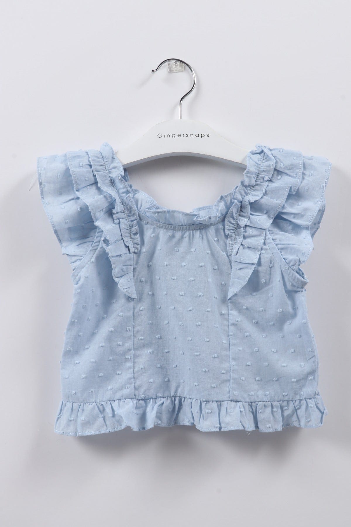 جينجرسنابس بلوزة بناتي سادة مطرز بالخيط كم قصير مكشكش أزرق فاتح