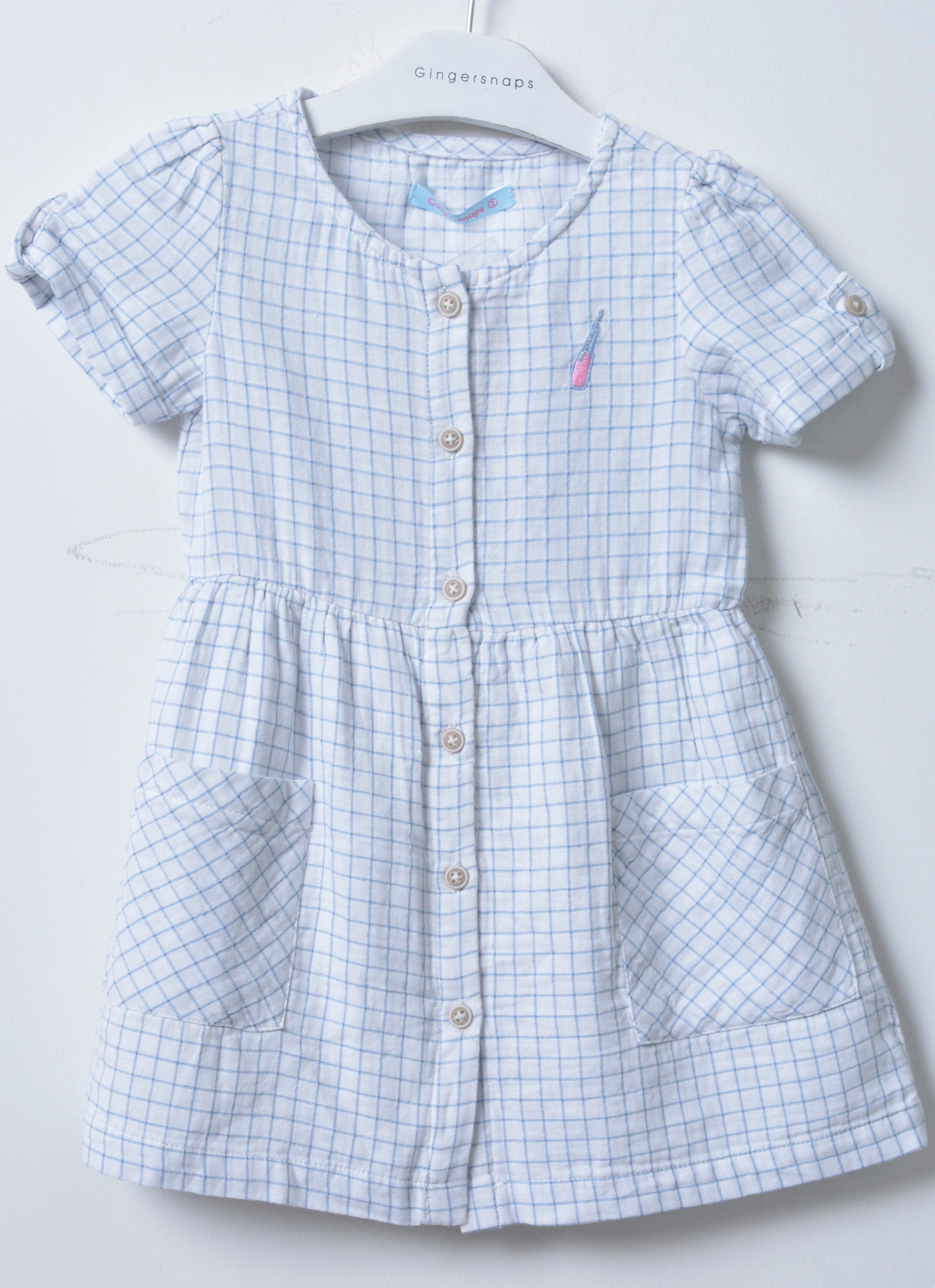 جينجرسنابس فستان بناتي بنقشة مربعات نص كم أزرق/سط