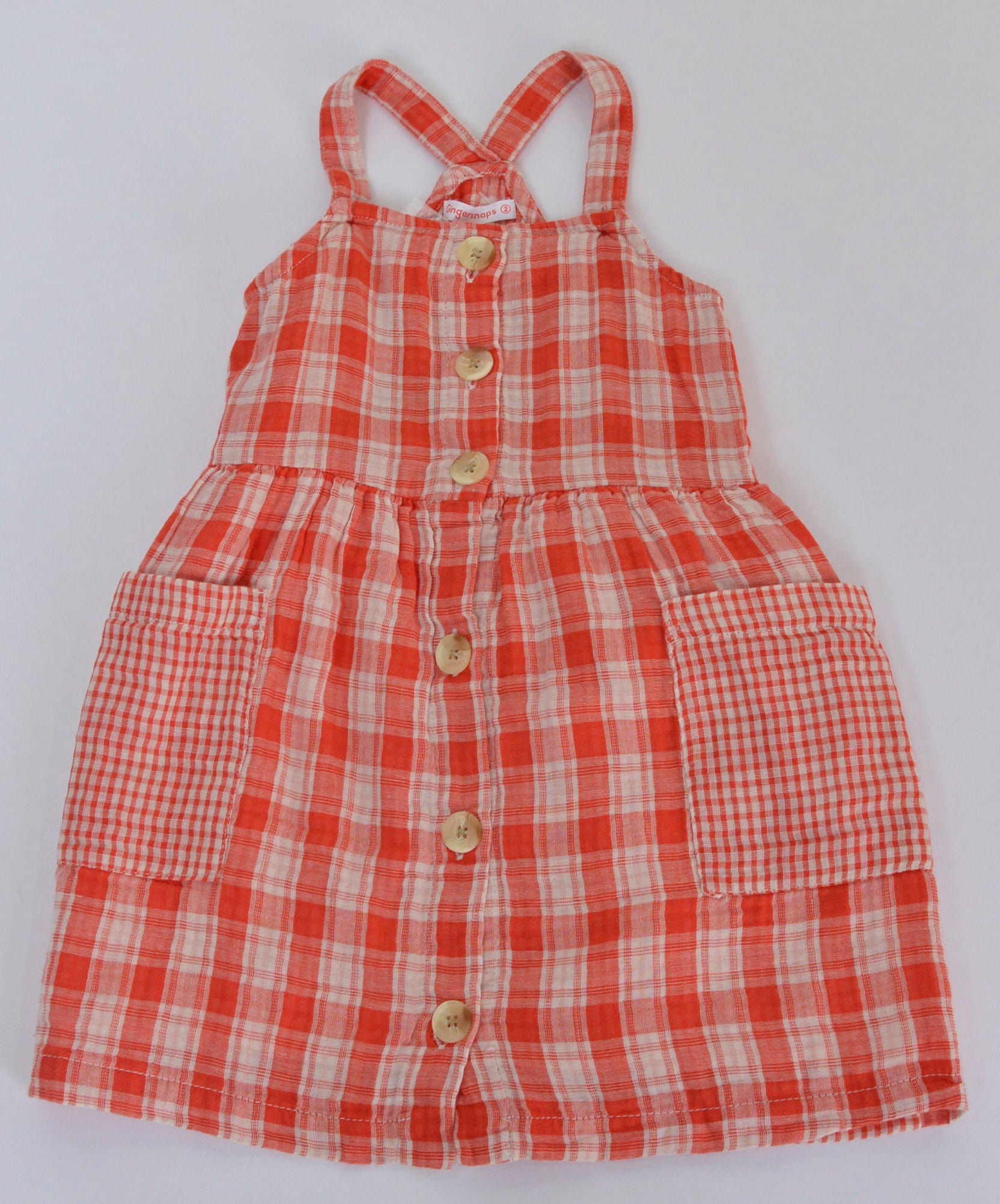 جينجرسنابس فستان كروهات حمالات بأزرار أمامية وجيوب بناتي أحمر