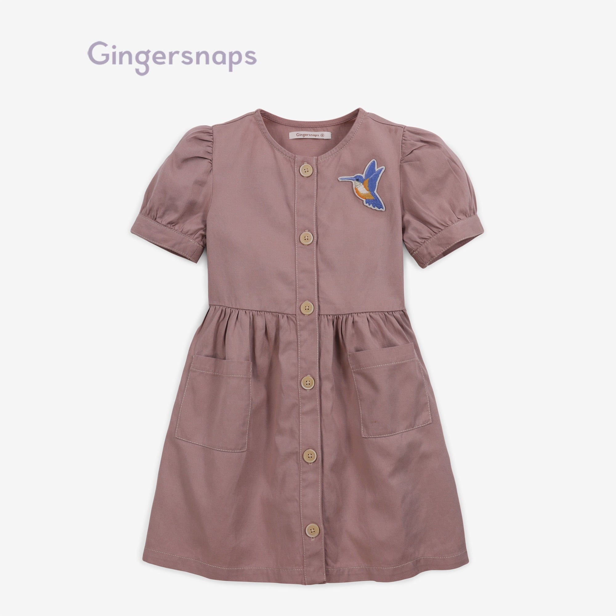 جينجرسنابس فستان سادة بأزرار أمامية وجيوب كم قصير بناتي وردي