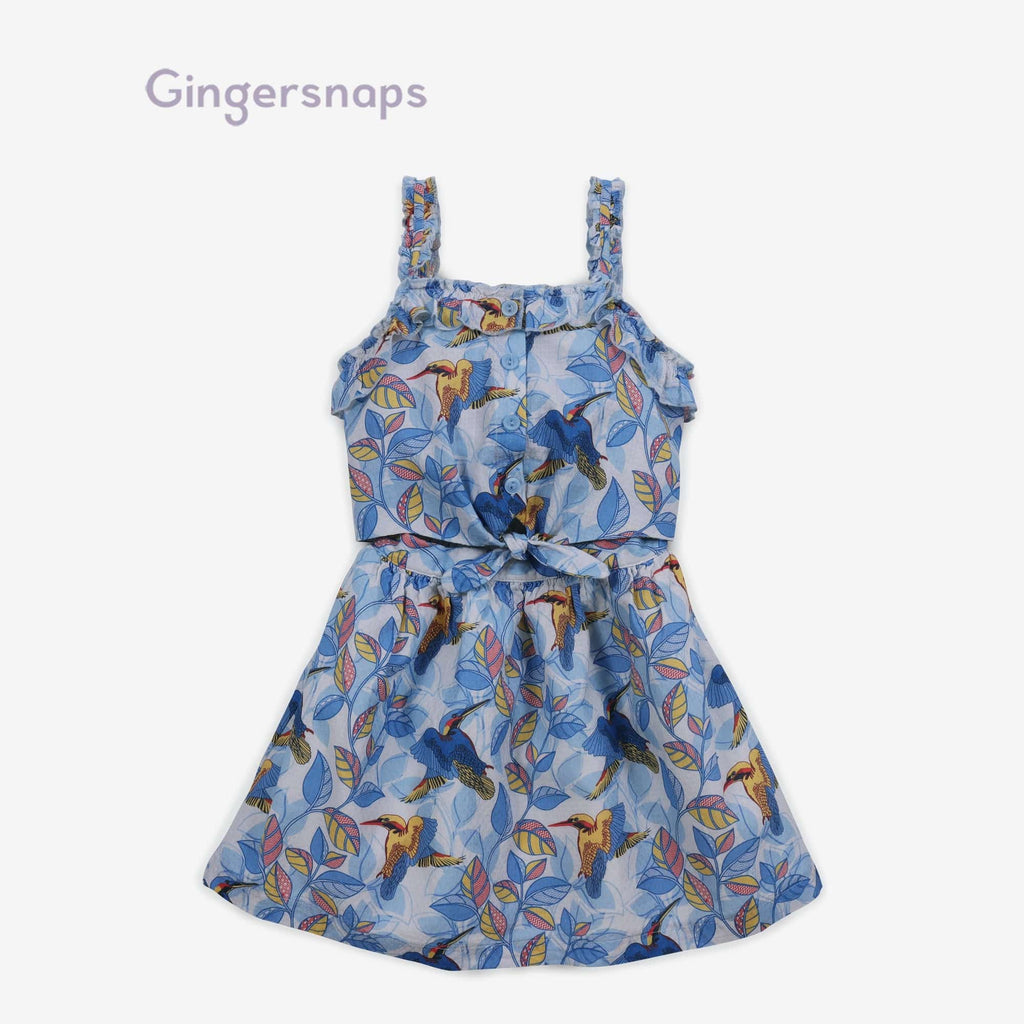 جينجرسنابس فستان مشجر حمالات مخصر بفيونكة على الخصر بناتي أزرق