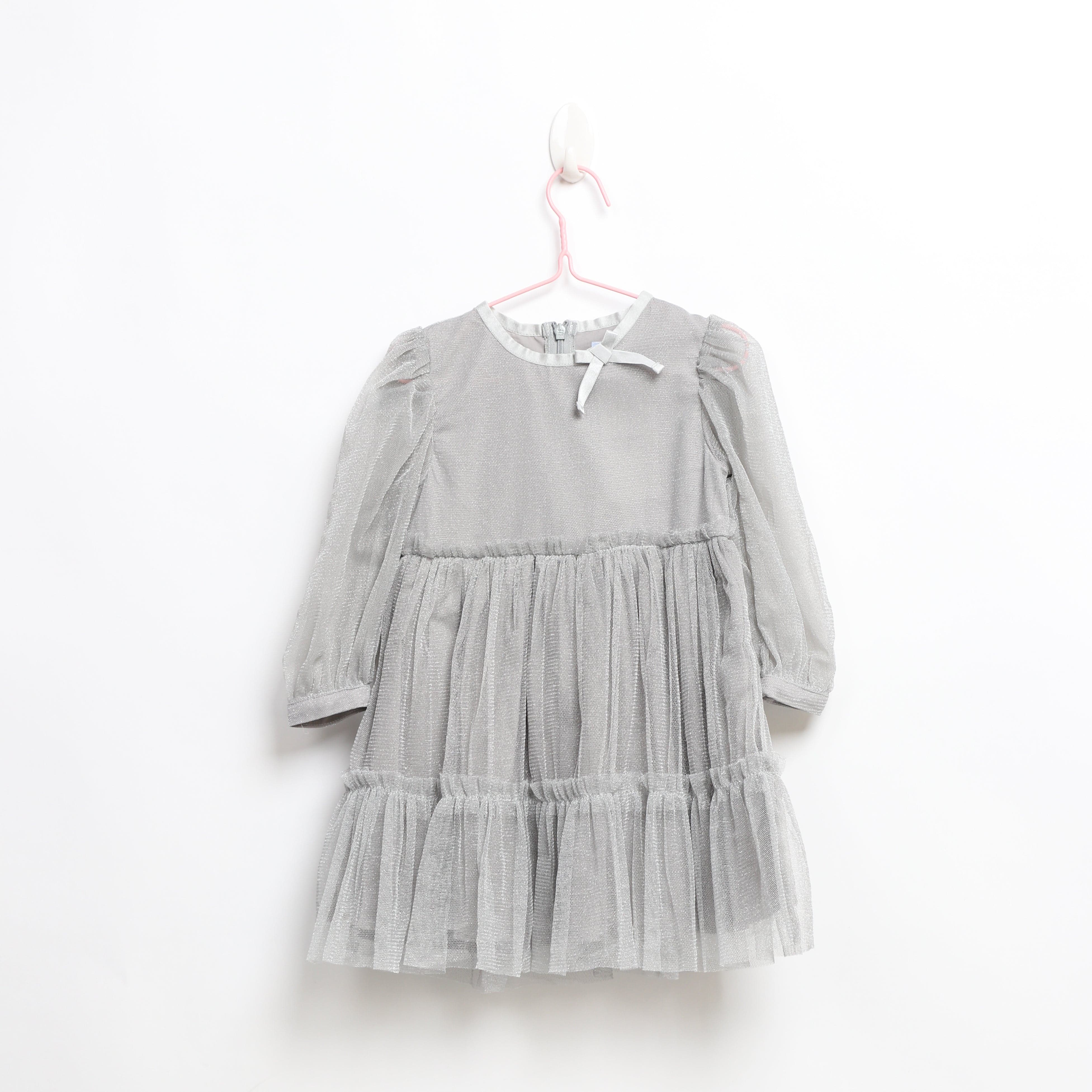 جينجرسنابس فستان بناتي سادة طبقات كم طويل فلينت رمادي