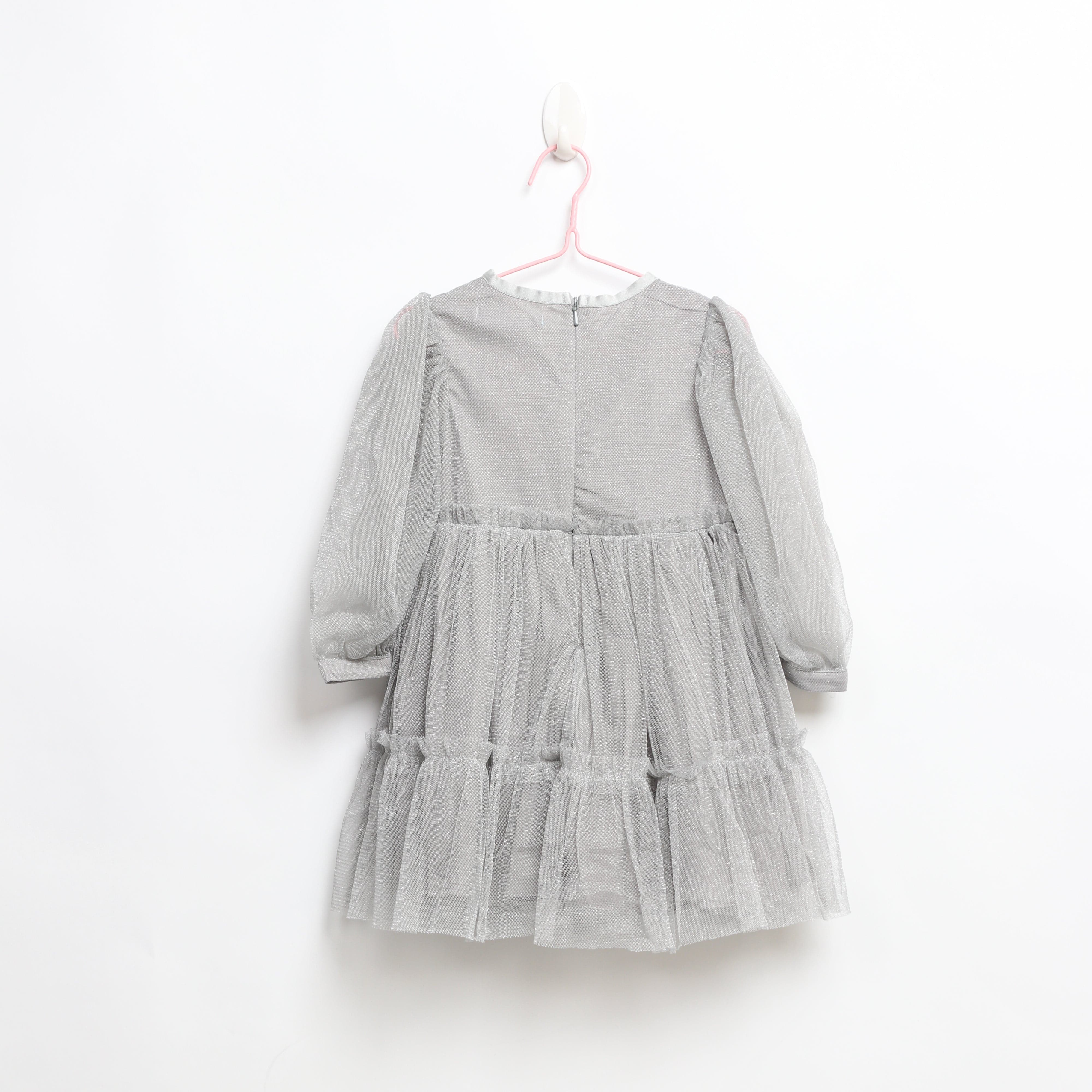 جينجرسنابس فستان بناتي سادة طبقات كم طويل فلينت رمادي