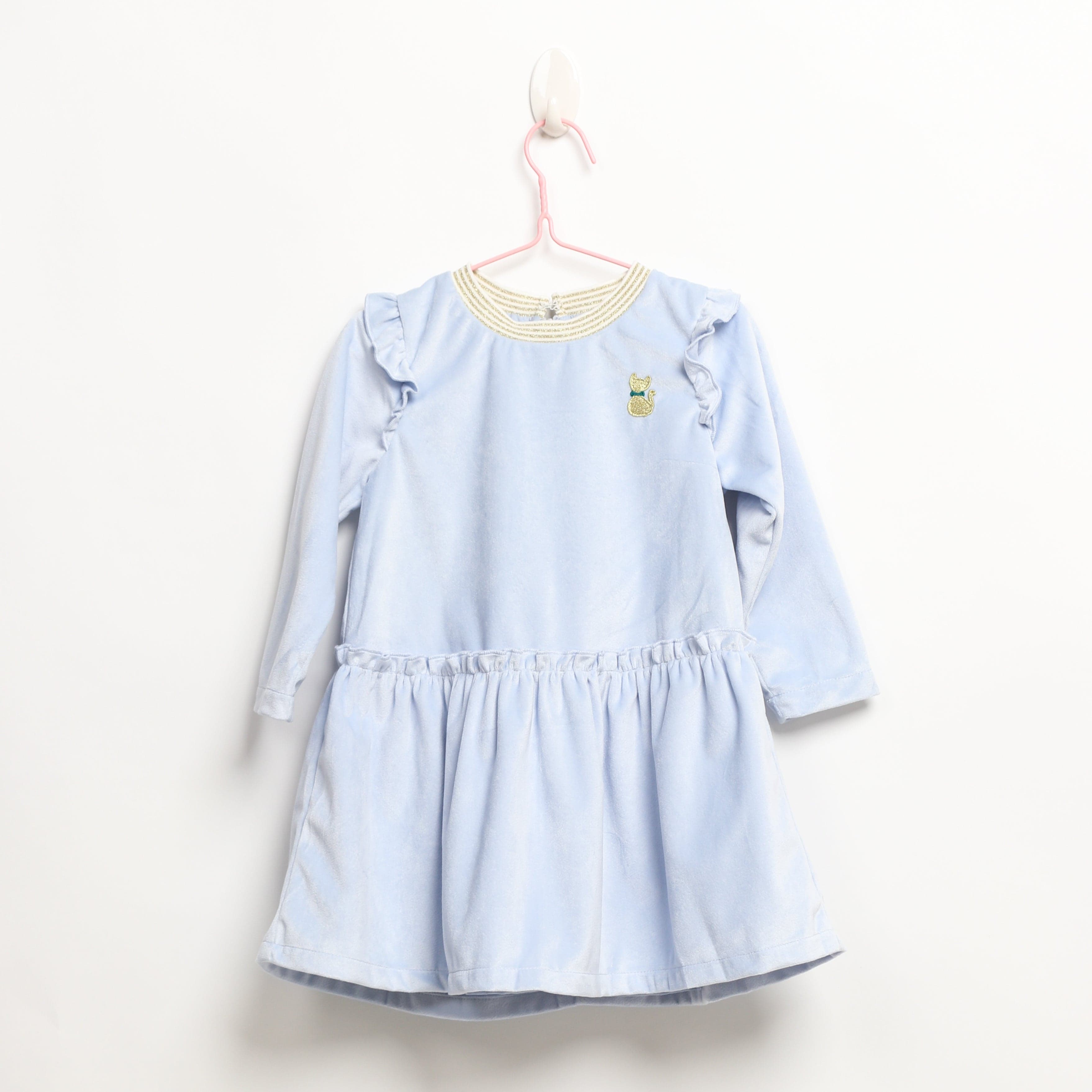 جينجرسنابس فستان بناتي سادة كم طويل مكشكش رمادي