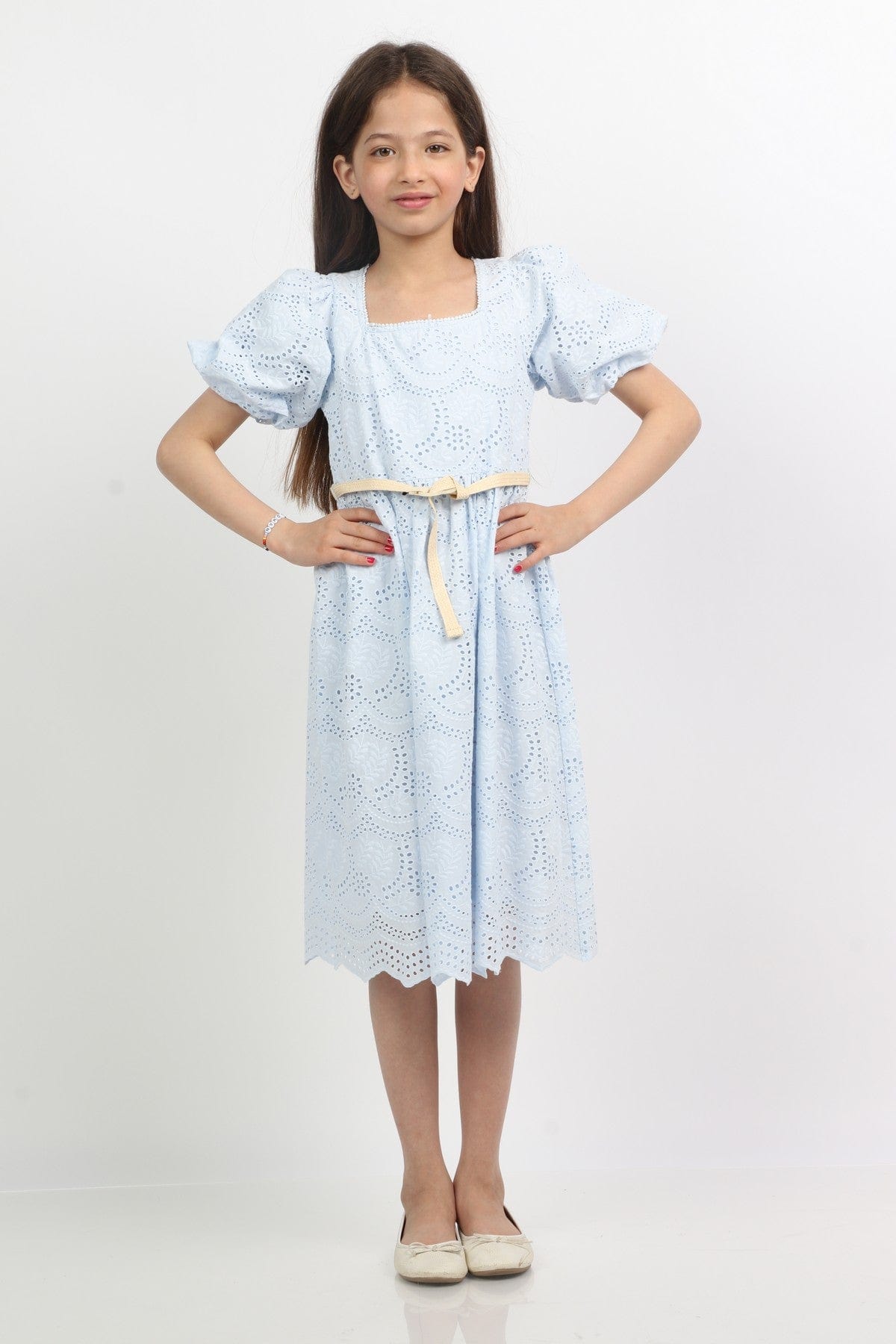 جينجرسنابس فستان بناتي مخرم برباط نص كم بف أزرق