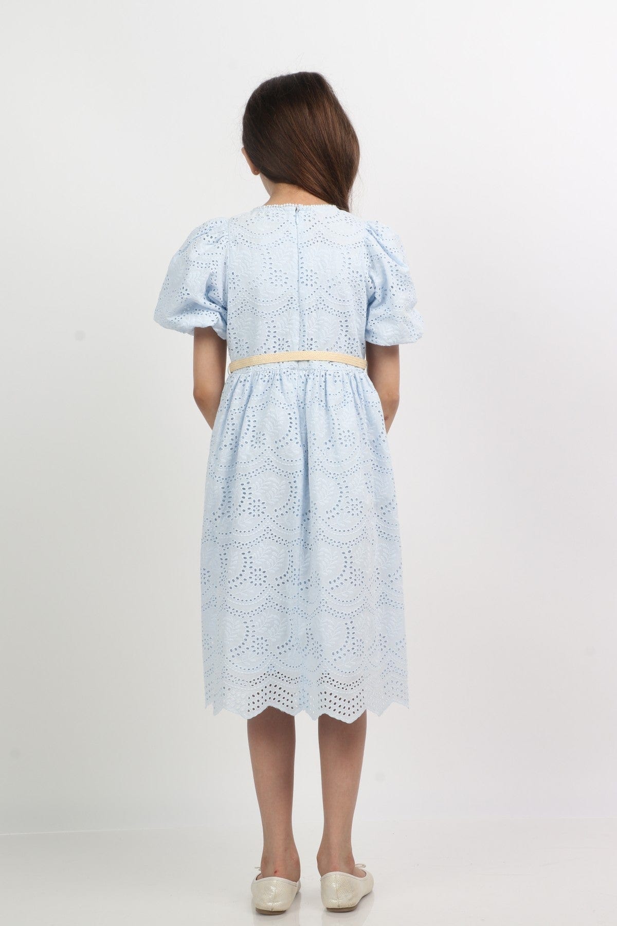 جينجرسنابس فستان بناتي مخرم برباط نص كم بف أزرق