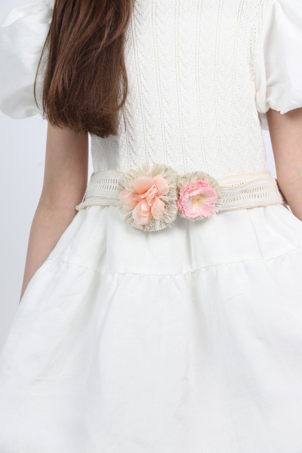 جينجرسنابس فستان بناتي منقوش بوردة على الخصر أبيض