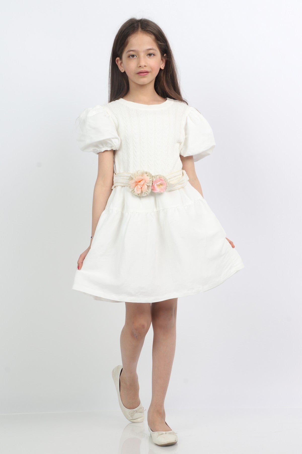 جينجرسنابس فستان بناتي منقوش بوردة على الخصر أبيض