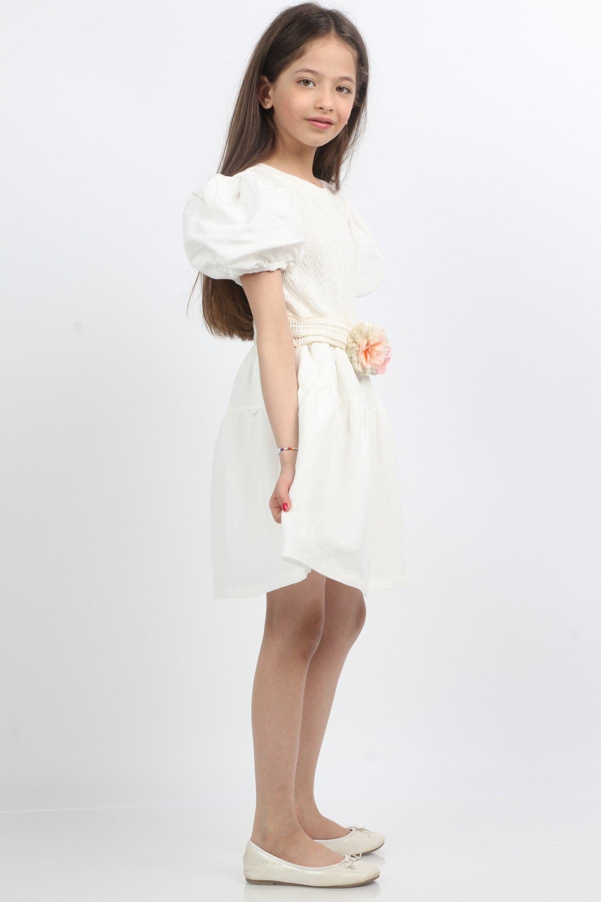 جينجرسنابس فستان بناتي منقوش بوردة على الخصر أبيض