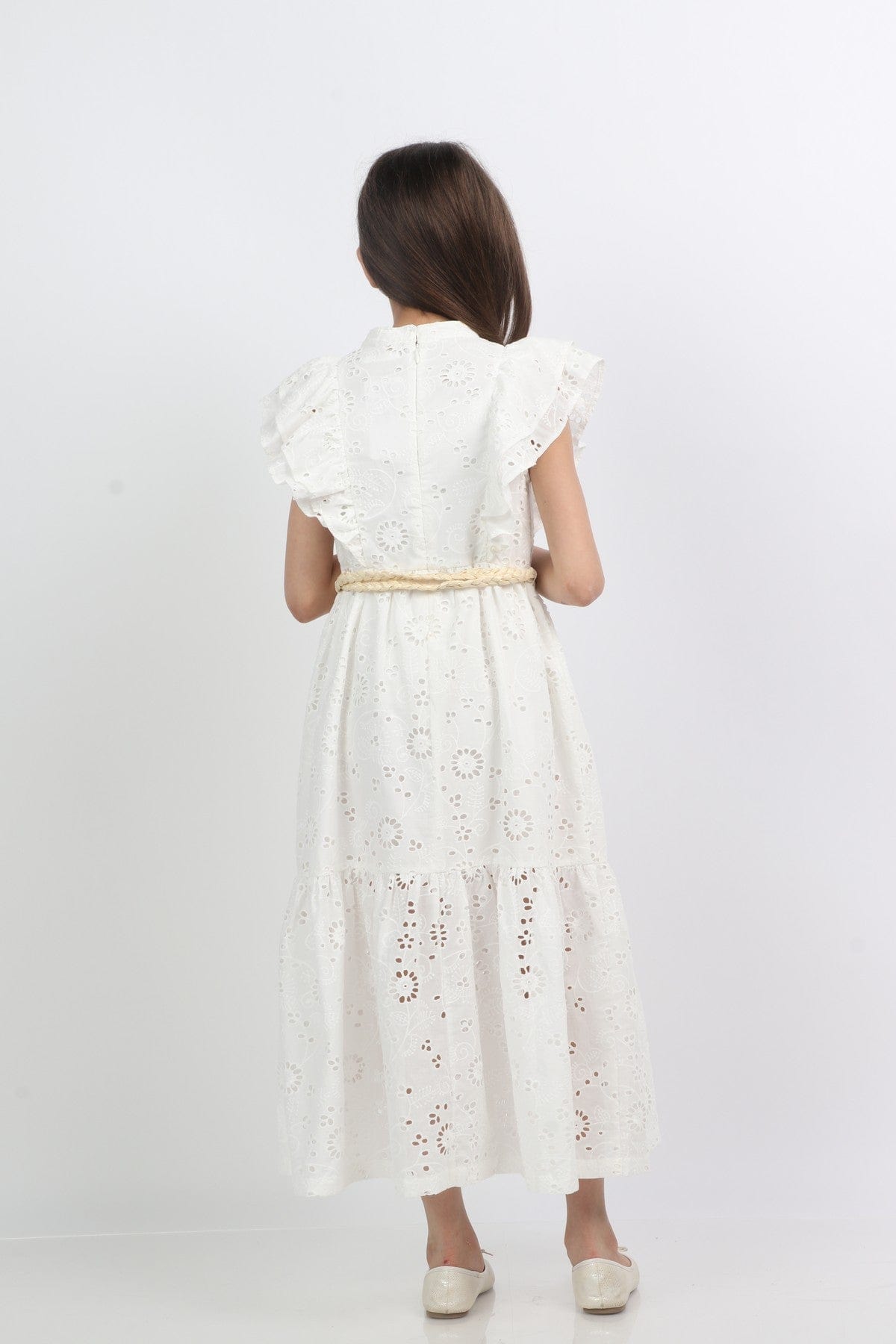 جينجرسنابس فستان دانتيل مكشكش من أعلى طويل بناتي أبيض