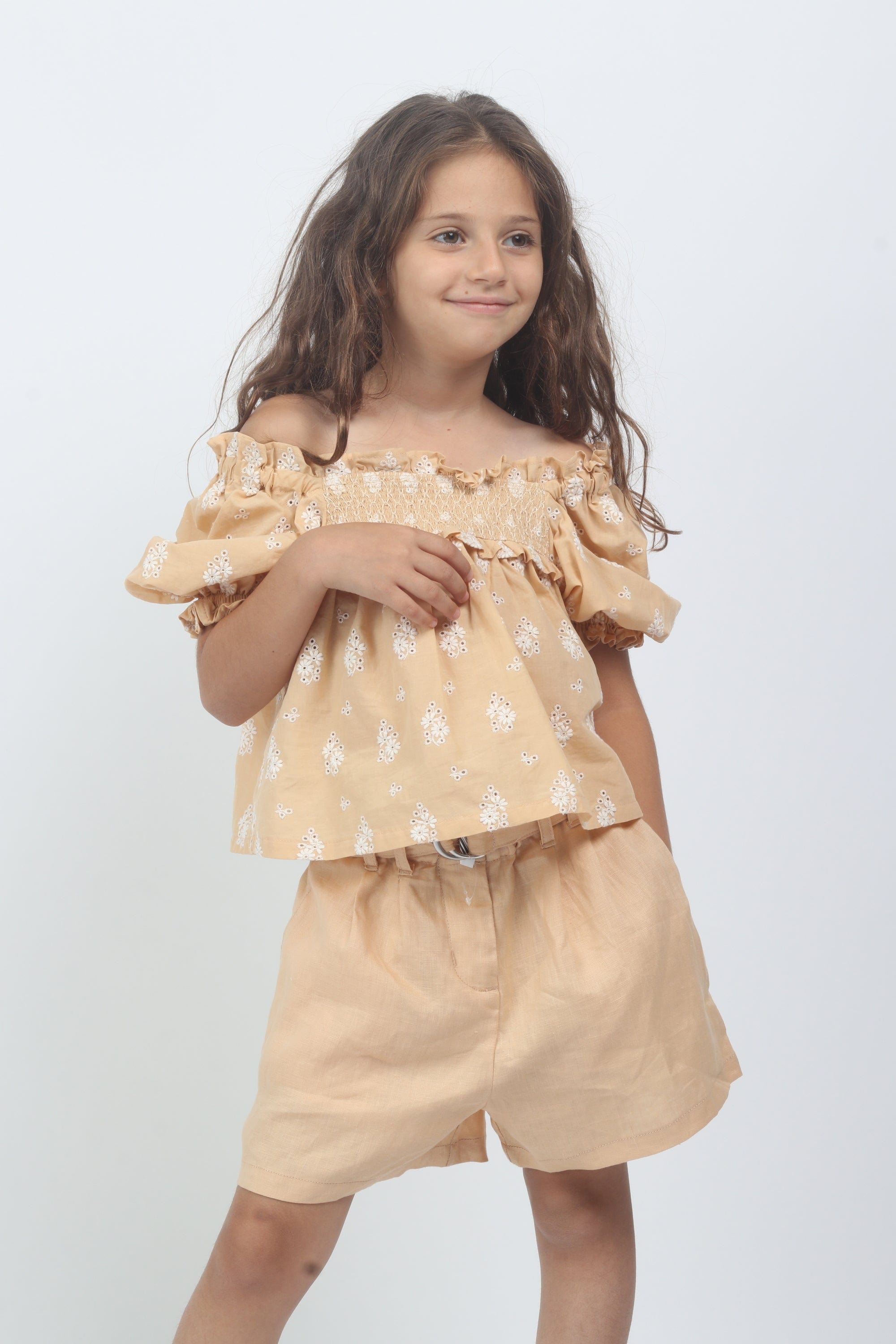 جينجرسنابس شورت جينز سادة حزام بناتي أطفال برتقالي