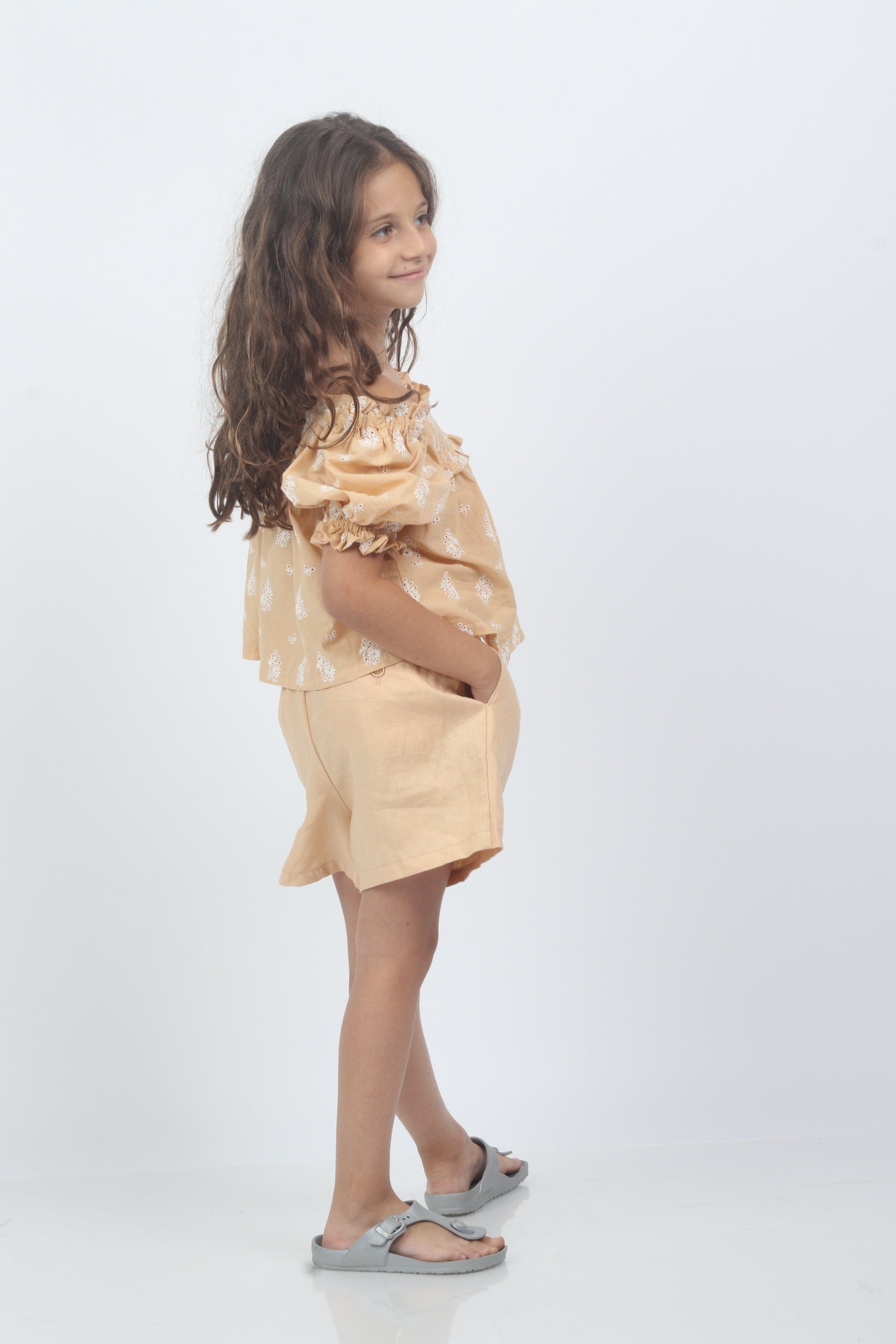 جينجرسنابس شورت جينز سادة حزام بناتي أطفال برتقالي