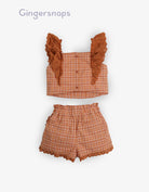 جينجرسنابس طقم بناتي مربعات قطعتين بلوزة كت مكشكشة وشورت بني