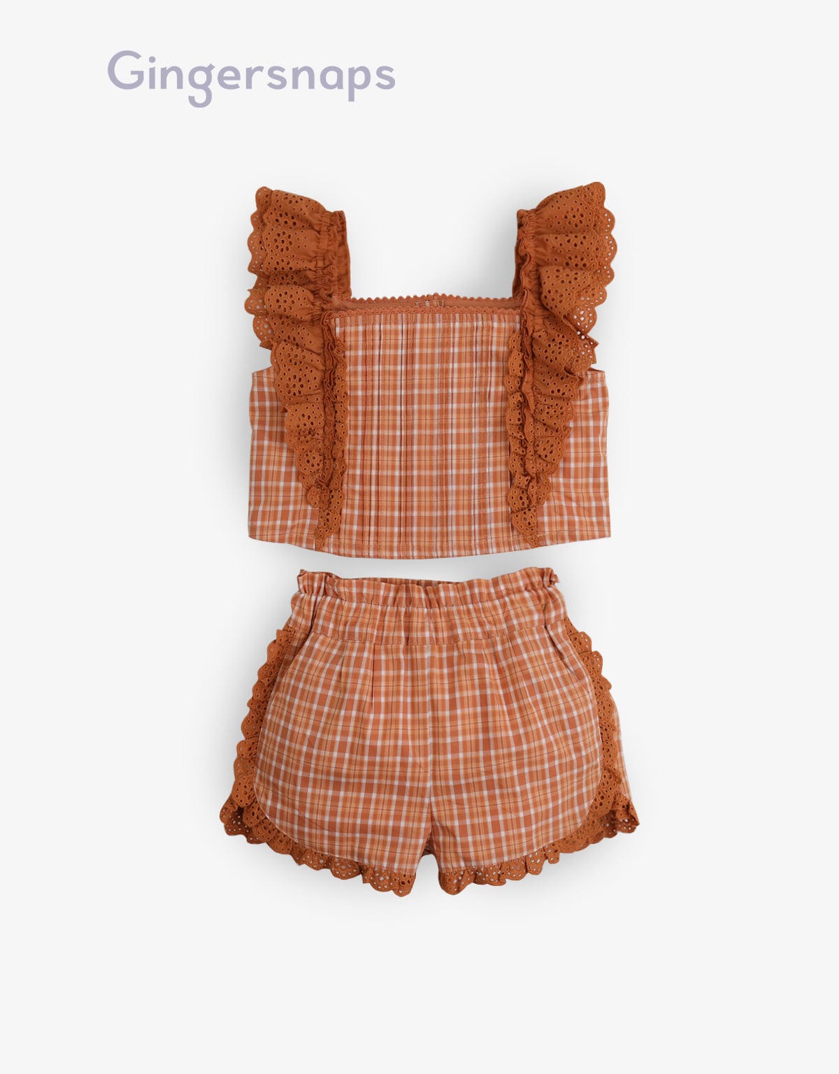 جينجرسنابس طقم بناتي مربعات قطعتين بلوزة كت مكشكشة وشورت بني