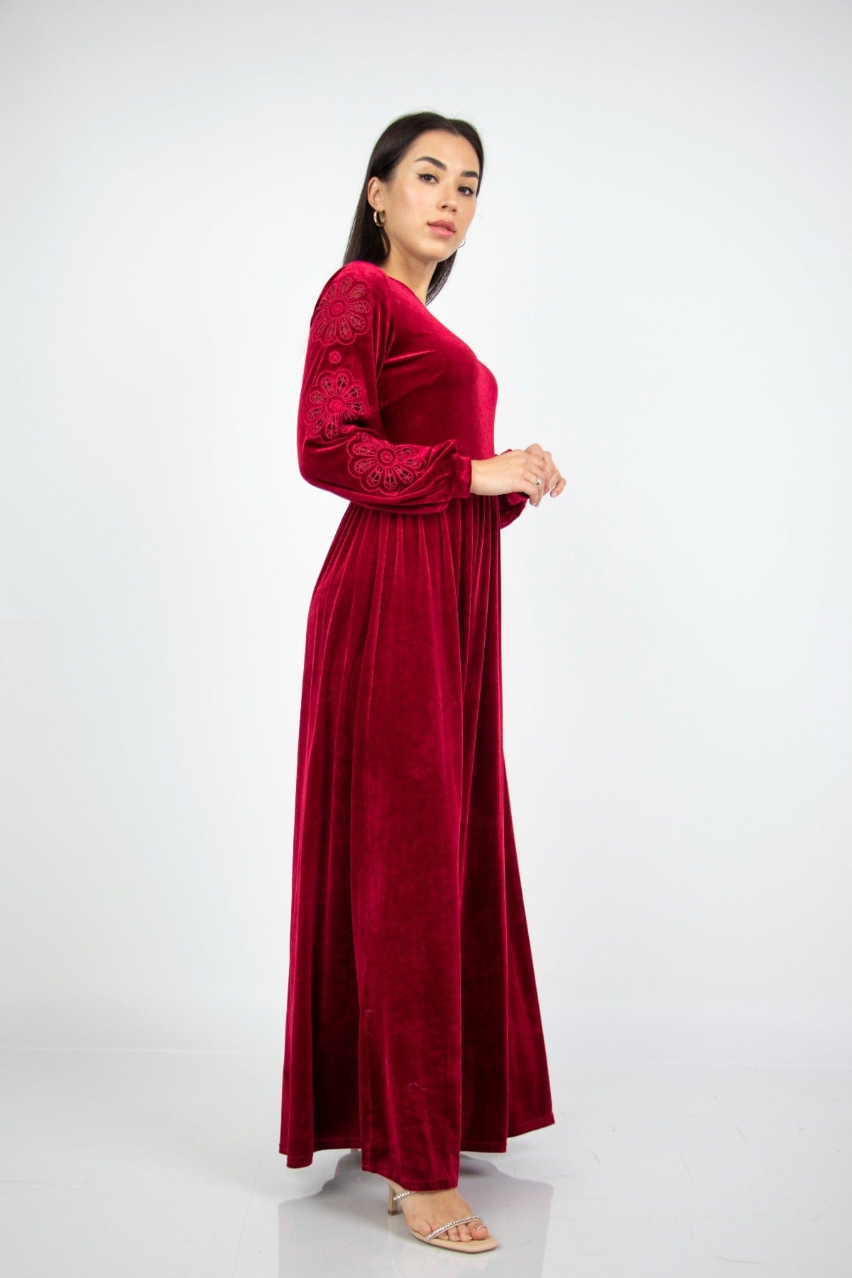 نتشي فستان مخمل طويل نسائي بأكمام منفوخة