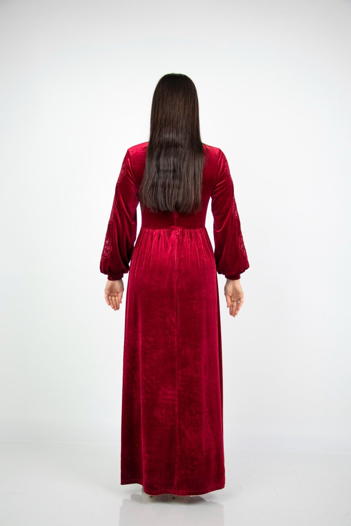 نتشي فستان مخمل طويل نسائي بأكمام منفوخة