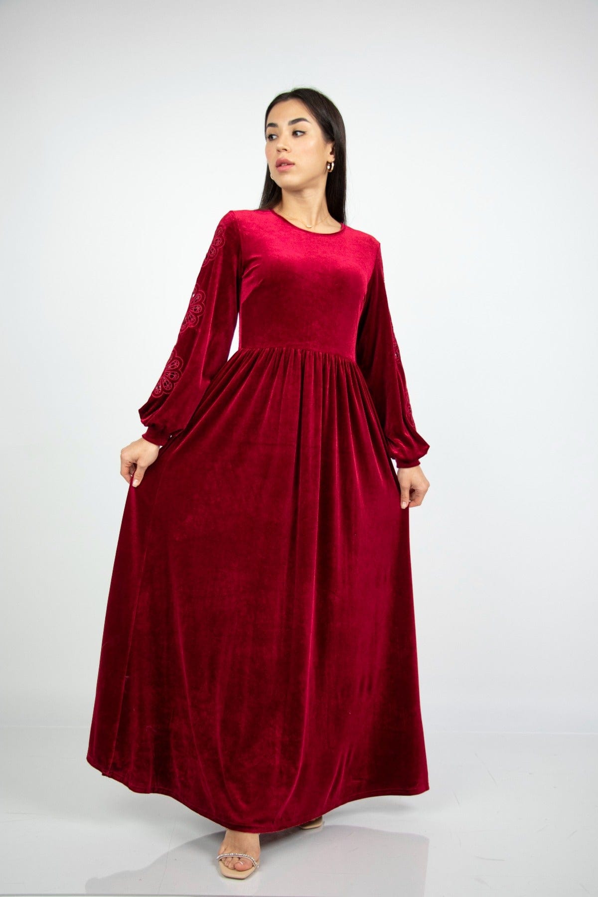 نتشي فستان مخمل طويل نسائي بأكمام منفوخة