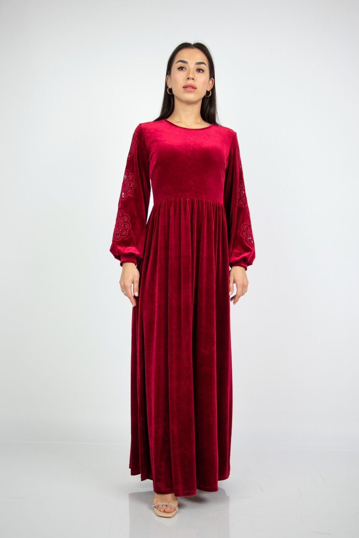 نتشي فستان مخمل طويل نسائي بأكمام منفوخة